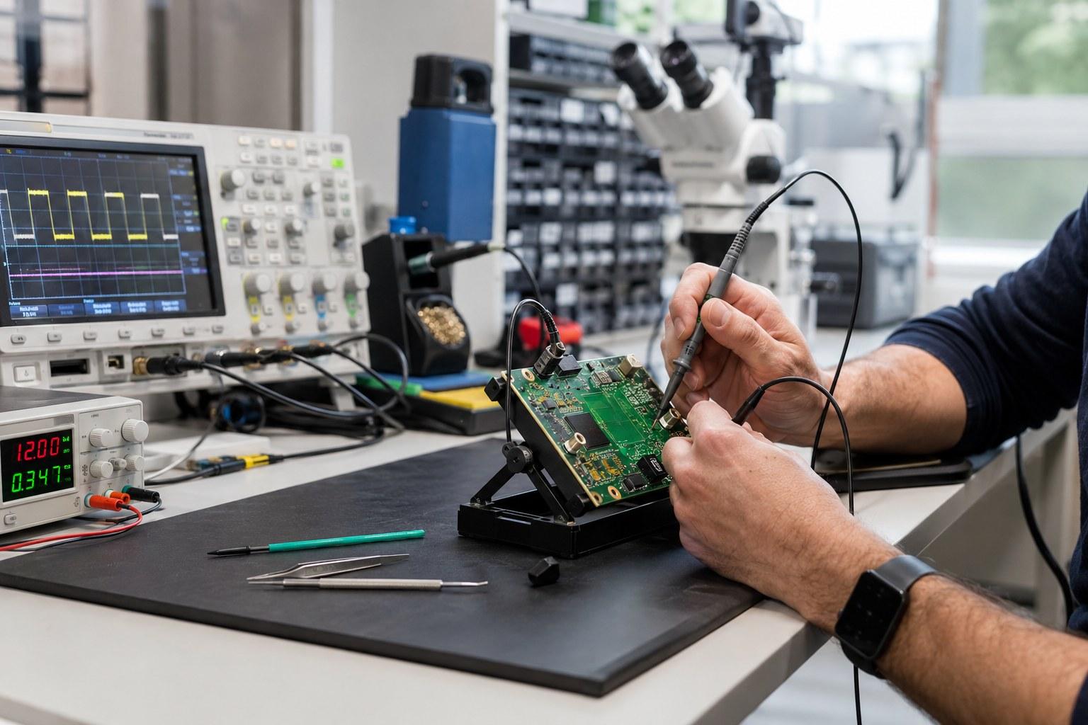 Měření a oživování prototypu elektroniky na pracovním stole